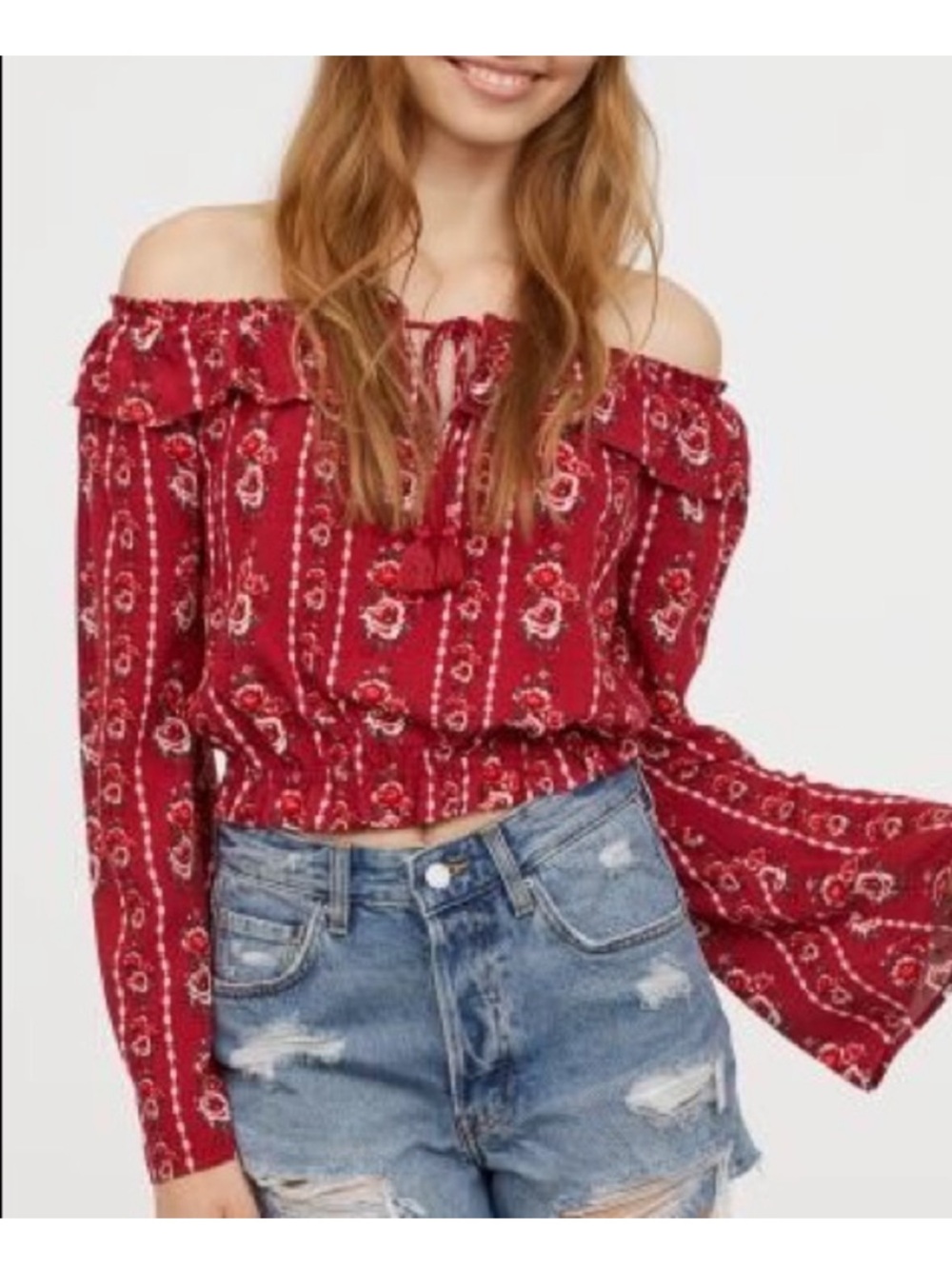 H&M Off the Shoulders Red Floral Crop top